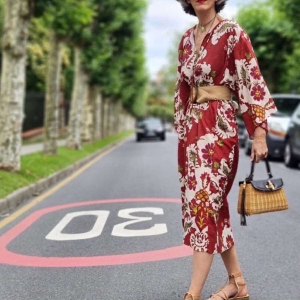 Zara Linen Blend Floral Kaftan Midi Tunic Dress Red Beachy Bloggers Favorite-XS